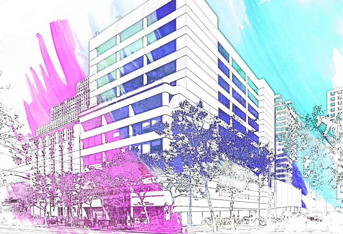 Colorful watercolor-style, digital rendering of LightHouse headquarters in San Francisco.