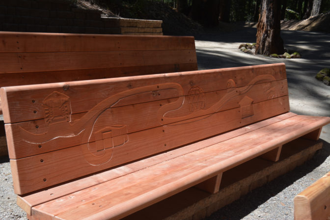 A closeup of the redwood benches, which were individually designed and hand carved by EHC Construction Manager George Wurtzel. 