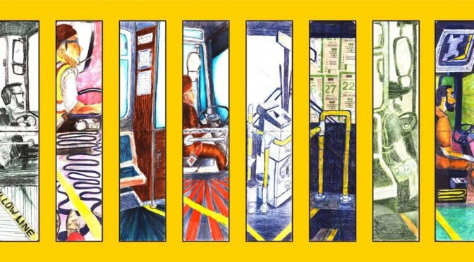 A panel of eight hand-colored drawings in a yellow template depict a series of city bus drivers.