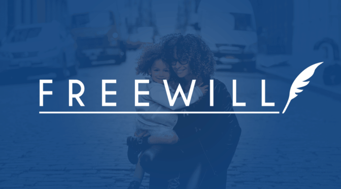The FreeWill logo, which includes a quill, over a woman hugging a little girl.