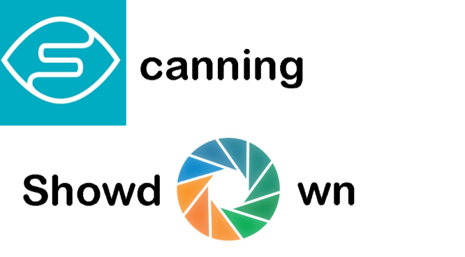 On top, the Seeing AI logo, which is a stylized letter S, forms the beginning of the word Scanning. On the bottom, the KNFB Reader logo, which resembles a letter O, forms the second O of the word Showdown.
