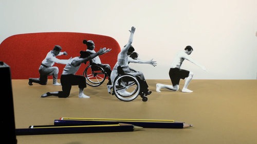 A closeup of a stop motion collage of a troupe of disabled and non-disabled dancers.