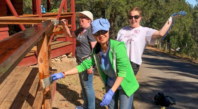 EHC Volunteers pose with paint brushes while paining sealer on a wooden structure. —