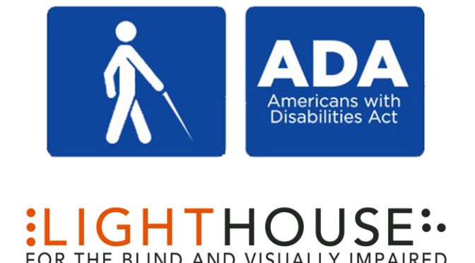 A composite of the ADA logo of a person walking with a white cane and the LightHouse logo.