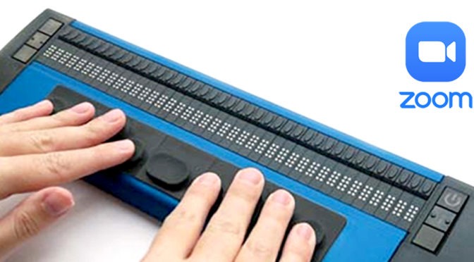 A braille display, next to the Zoom conferencing platform logo.