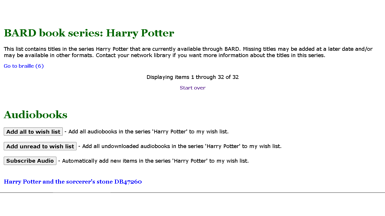 Harry Potter books on the National Library Service's Braille and Audio Reading Download Website
