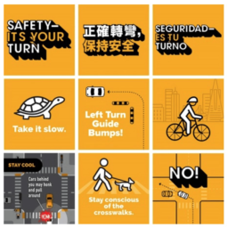 The SFMTA Safety — It’s Your Turn graphic in English, Spanish and Chinese