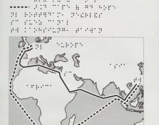 A tactile map with braille of the shipping route using the Suez Canal and an alternate route around Cape of Good Hope