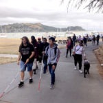 Grupo de estudiantes del programa YES con sus bastones blancos y su perro guía en un paseo por el agua.