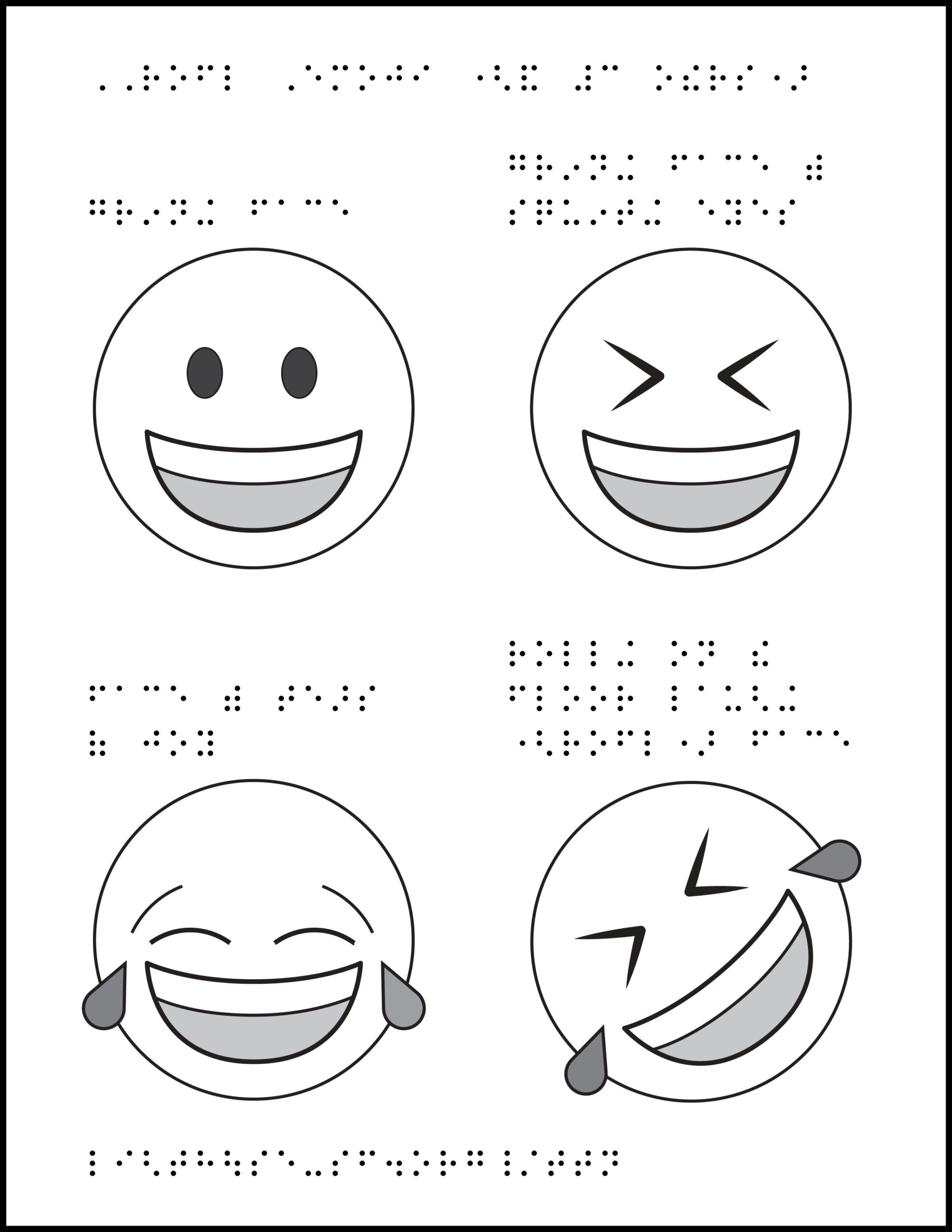 Four emojis with braille labels: grinning face, grinning face with squinting eyes, face with tears of joy, rolling on the floor laughing face