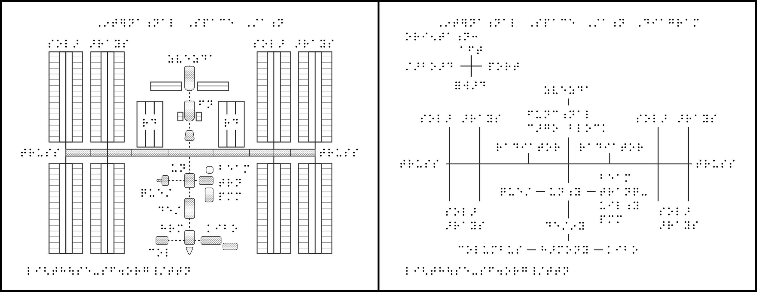 side-by-side graphic and diagram of International Space Station with braille labels