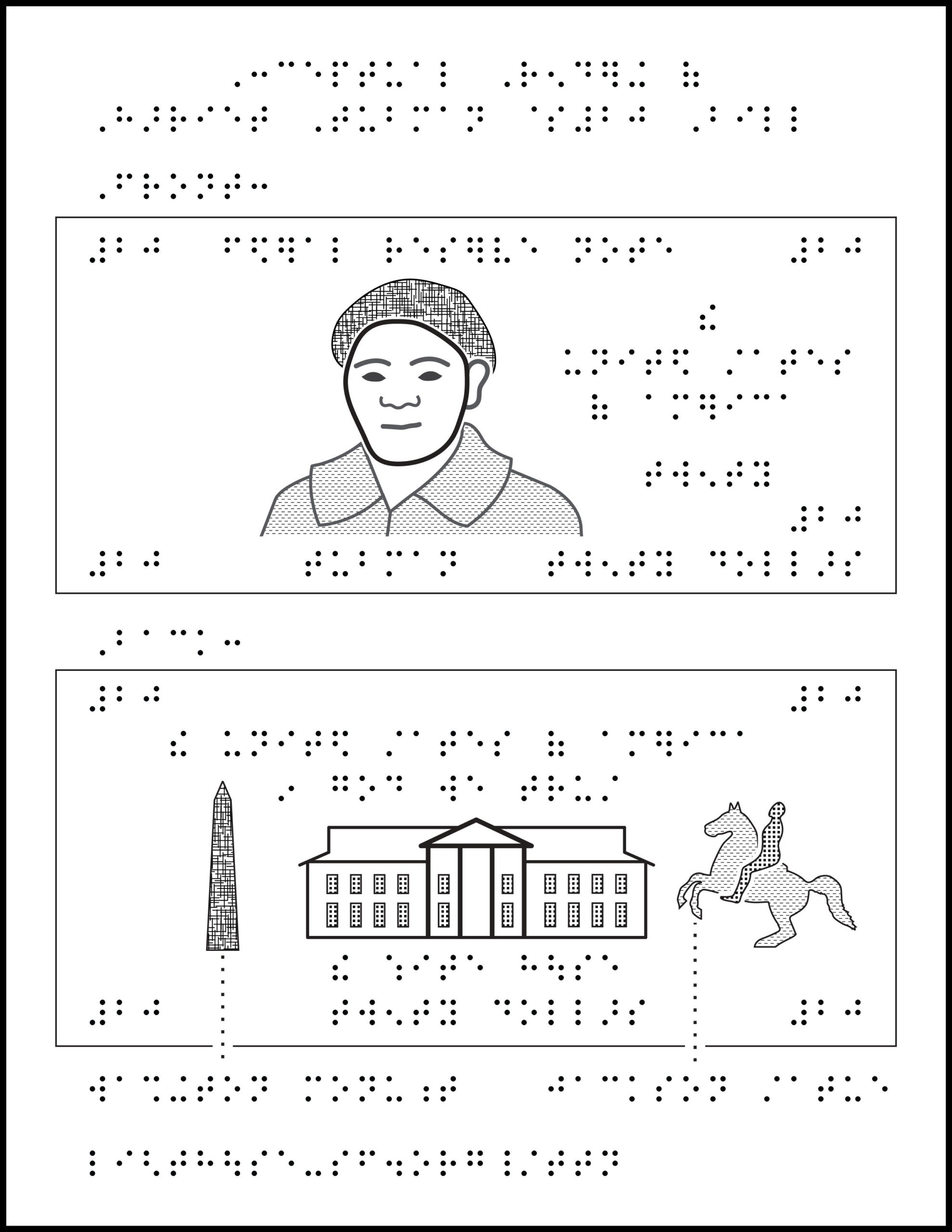 Digital illustration of $20 bill with braille labels, including Harriet Tubman on front, Washington Monument, White House, and Andrew Jackson statue on back.