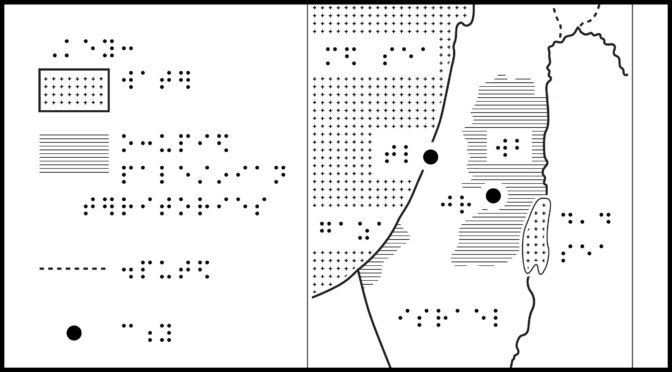Cropped map of Gaza and West Bank with braille labels on right, keyed items on left.
