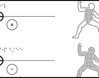 Cropped illustration of 2 horizontal fencing weapons, blade cross sections in circles, and shaded target areas on body, with braille labels.