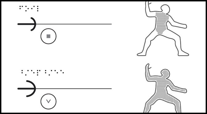 Cropped illustration of 2 horizontal fencing weapons, blade cross sections in circles, and shaded target areas on body, with braille labels.