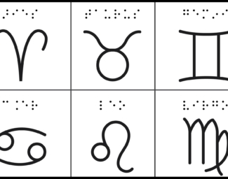 6 of 12 signs of the zodiac with braille labels