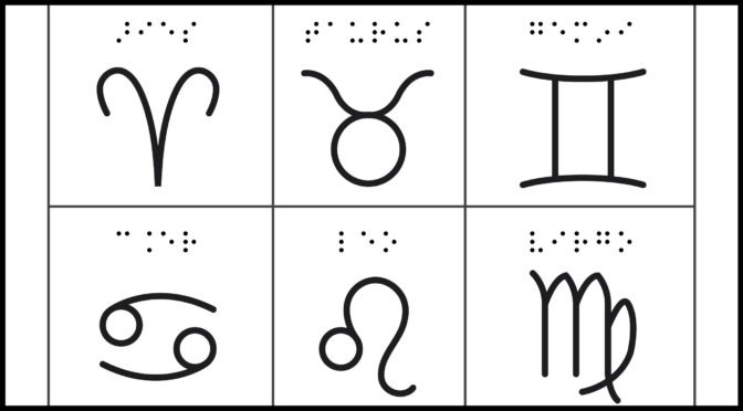 6 of 12 signs of the zodiac with braille labels