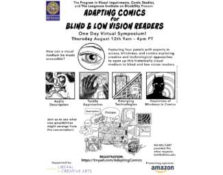 A poster for the webinar with pictures and captions for audio description, tactile approaches, emerging technologies and depictions of blindness in comics. Info on where to register and accessibility for the webinar is also provided.