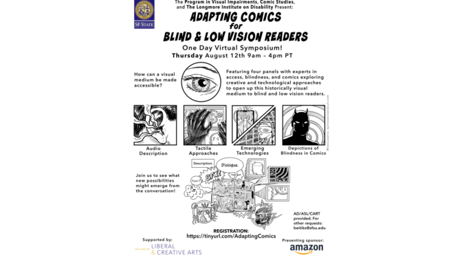 A poster for the webinar with pictures and captions for audio description, tactile approaches, emerging technologies and depictions of blindness in comics. Info on where to register and accessibility for the webinar is also provided.