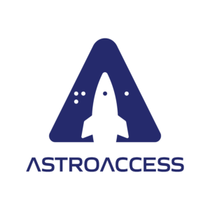 The AstroAccess logo, a white rocket inside of a blue triangle. It looks like a stylized letter A. In the logo, braille spells out FAA