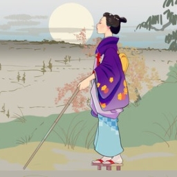 A digitally animated drawing of a blind Japanese woman walking in an open landscape from the film Flight Paths