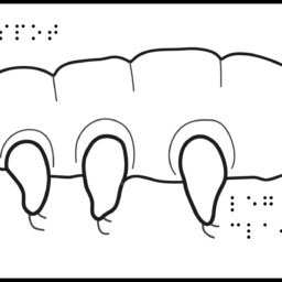 Side view of a tardigrade, showing 4 legs, eyespot, and braille labels.