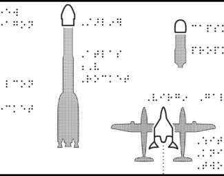 Four space vehicles, each with different shaped rockets and crew capsules, with braille labels.