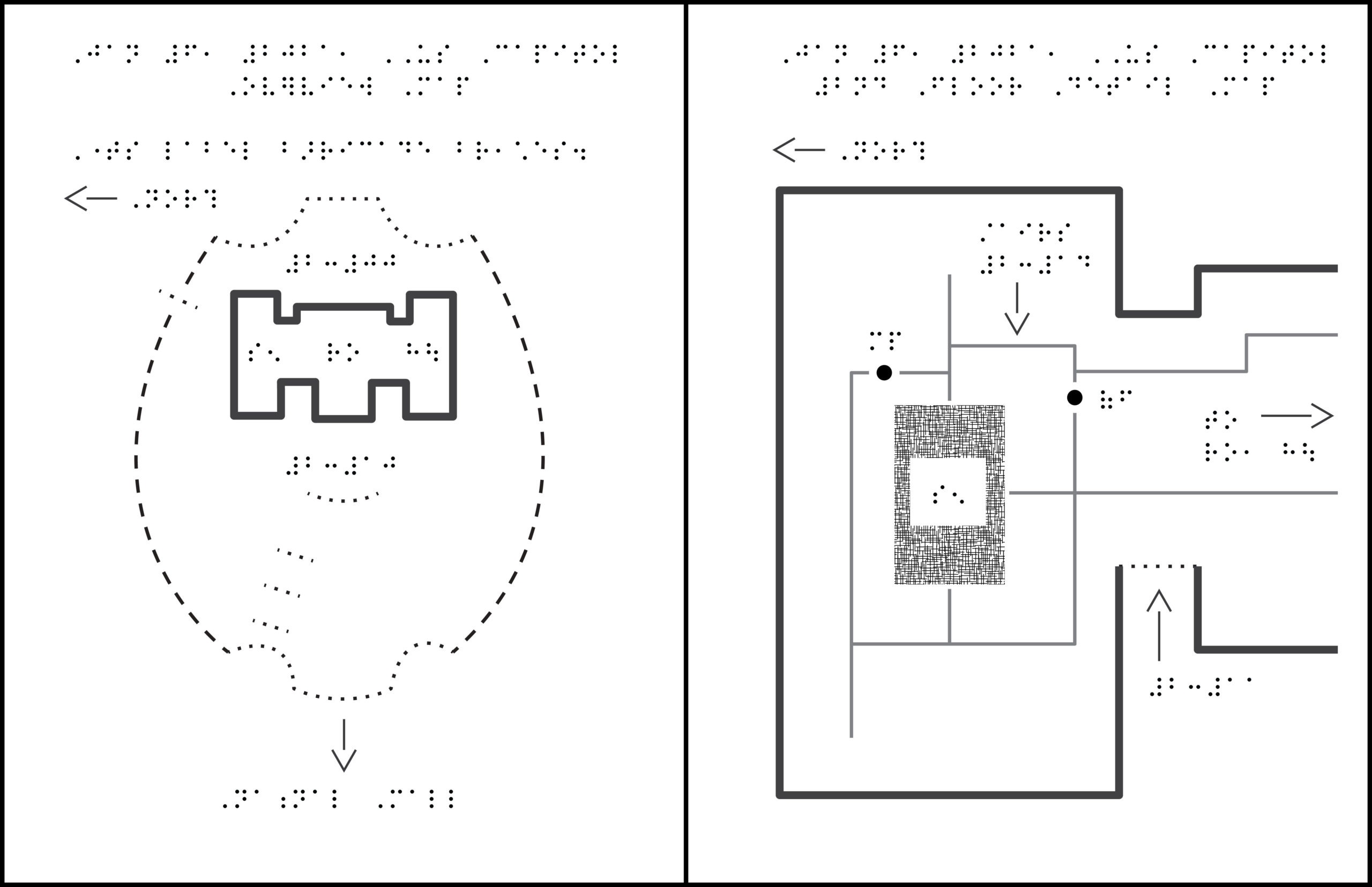 2 graphics: Capitol building outline and surrounding fence, and detail map of Capitol building around Senate Chamber and surrounding hallways, both with braille labels.