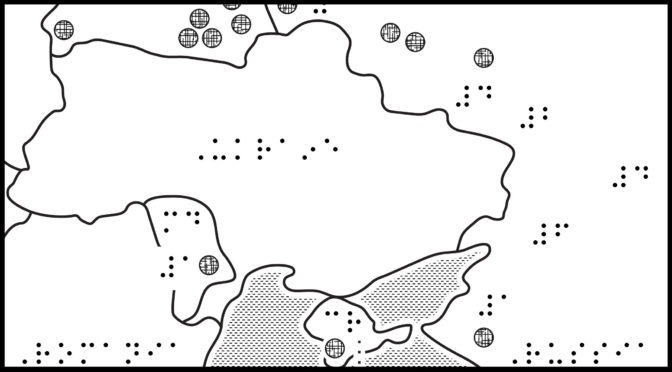 Map of Ukraine with symbols and braille labels within bordering countries.