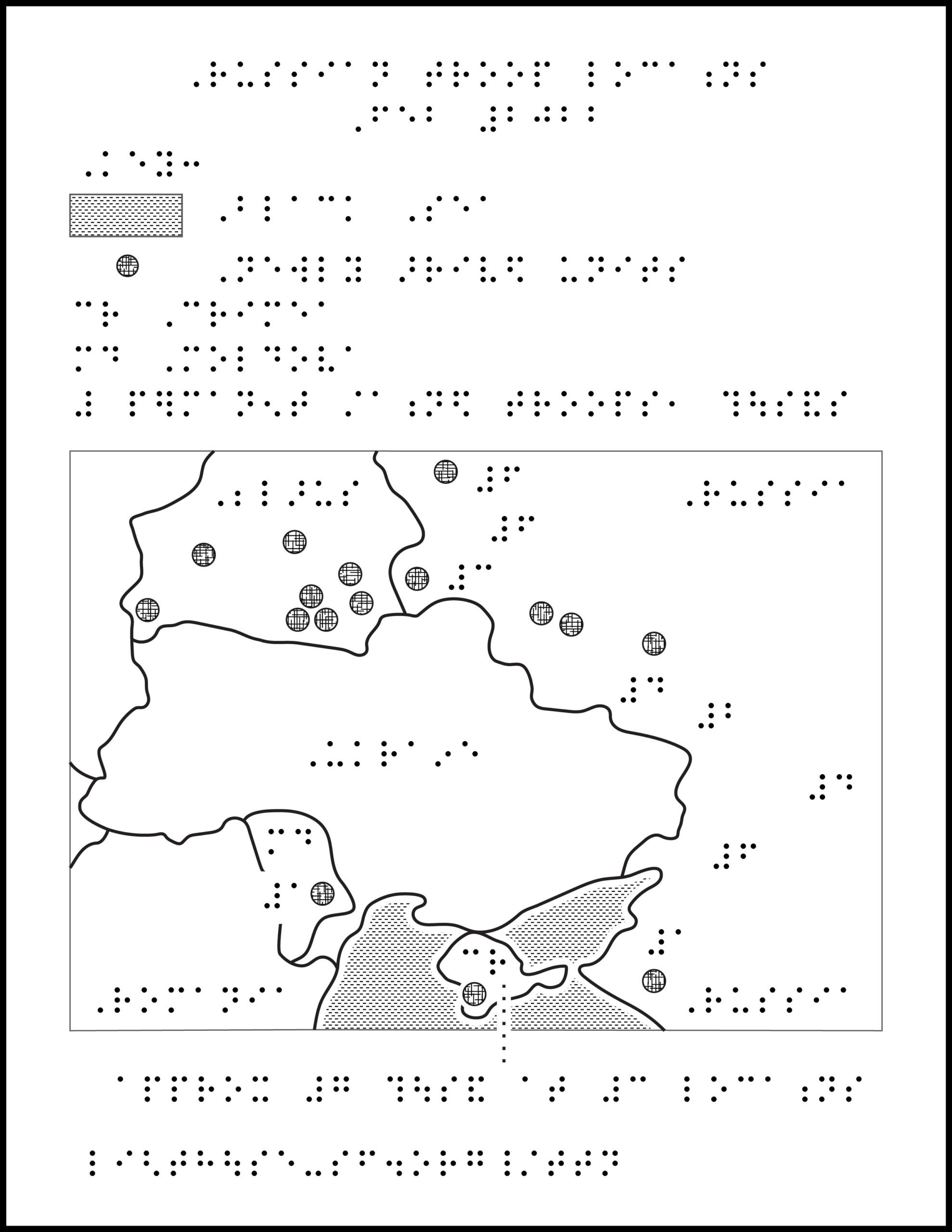 Map of Ukraine with symbols and braille labels within bordering countries.