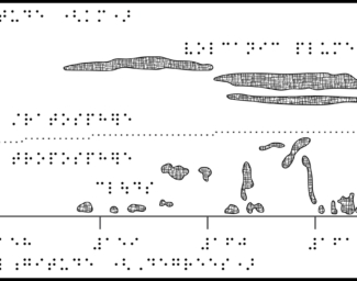 Chart with braille labels. X- and y-axis labeling Altitude and Longitude, a horizontal line across the middle with volcanic plume in stratosphere above, and clouds in troposphere below.