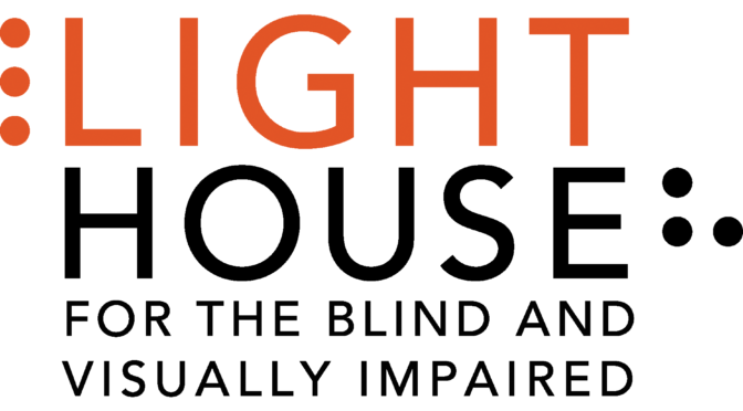 LightHouse Logo in persimmon and black. The word Lighthouse is bookended by a braille L and a braille H. Words read LightHouse for the Blind and Visually Impaired.