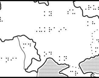 Map of Ukraine with braille labels for cities and surrounding countries.