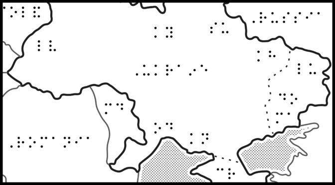 Map of Ukraine with braille labels for cities and surrounding countries.