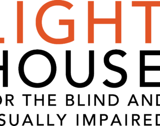 The LightHouse logo: The first row reads “Light”; the second row reads “House”, the third row reads “For the Blind and”; the fourth row reads ”Visually Impaired”. “Light” is in persimmon font and “House” is in black font. To the left of “light”, is a persimmon Braille letter l and to the right of “house” is a black Braille letter h