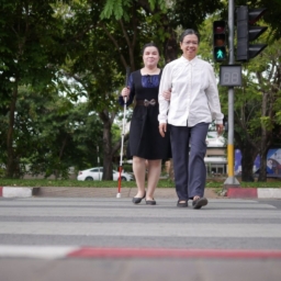Two people cross an intersection with an APS. One is using a white cane