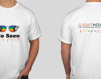 Both the front and back of the 2022 LightHouse Pride t-shirt