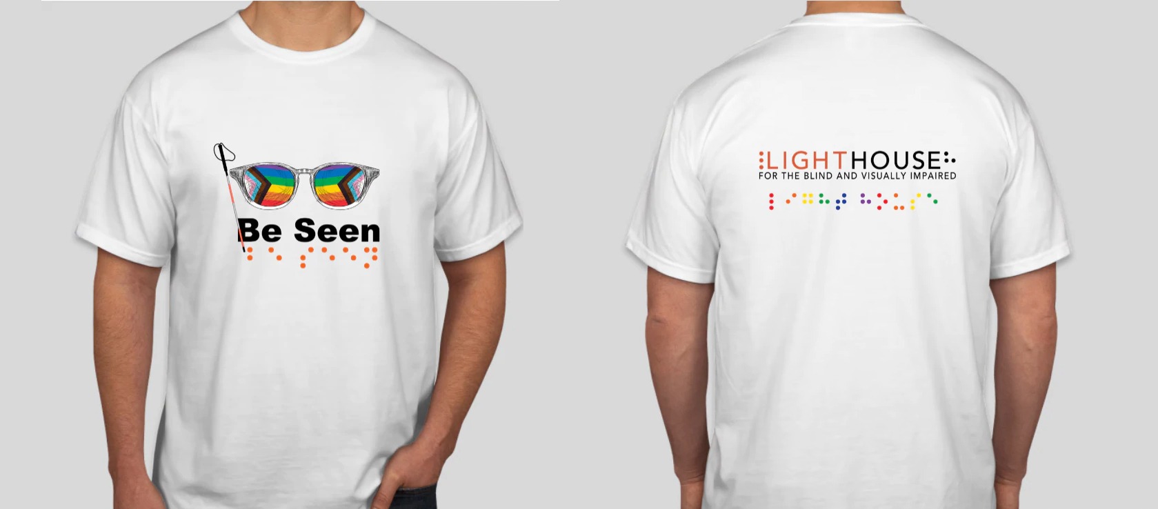 Both the front and back of the 2022 LightHouse Pride t-shirt