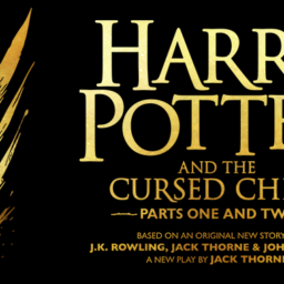 A back background with the text "Harry Potter and the Cursed Child parts one ad two / Based on an original new story by J.K. Rowling, Jack Thorne & John Tiffany / A new play by Jack Thorne" in gold. There is a gold feather to the left of the text.