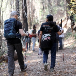 A group of people with white canes hike a trail at Enchanted Hills Camp