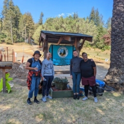 Four Verizon volunteers smile at the camera in front of the Enchanted Hills Camp sign.