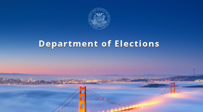 The seal of the city/county of San Francisco above the words "San Francisco Department of Elections", both overlaid on an image of the Golden Gate Bridge
