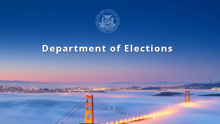 The seal of the city/county of San Francisco above the words "San Francisco Department of Elections", both overlaid on an image of the Golden Gate Bridge