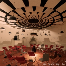 The Audium theater: chairs sit in a circle below a ceiling filled with 360 degrees of speakers