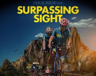 Surpassing Sight movie poster features two cyclists on a tandem bike leading a group of other cyclists on a paved road with mountains behind them