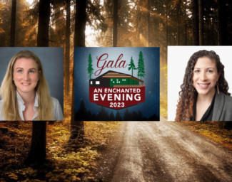 Redwood trees at EHC with a photo of Kathryn Webster, the LightHouse Gala logo, and Laura Allen