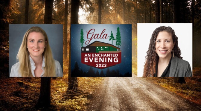 Redwood trees at EHC with a photo of Kathryn Webster, the LightHouse Gala logo, and Laura Allen