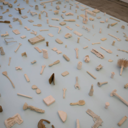 Clay replicas of everyday objects, made by Cara Levine, sit on a platform.
