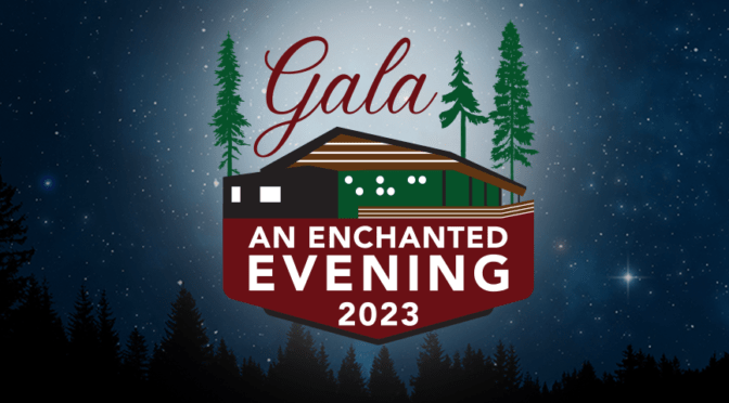 A drawing of a cabin surrounded by redwood trees. Print says “Gala, An Enchanted Evening 2023”. On the cabin, are the letters “EHC” in Braille