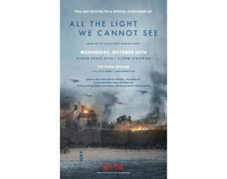 A promotional poster for Netflix’s ALL THE LIGHT WE CANNOT SEE screening at The Roxie. A girl, Marie-Laure, stands on a beach at the water’s edge in a blue, short-sleeved dress, with a white cane beside her. A city burns in the background, with planes overhead.
